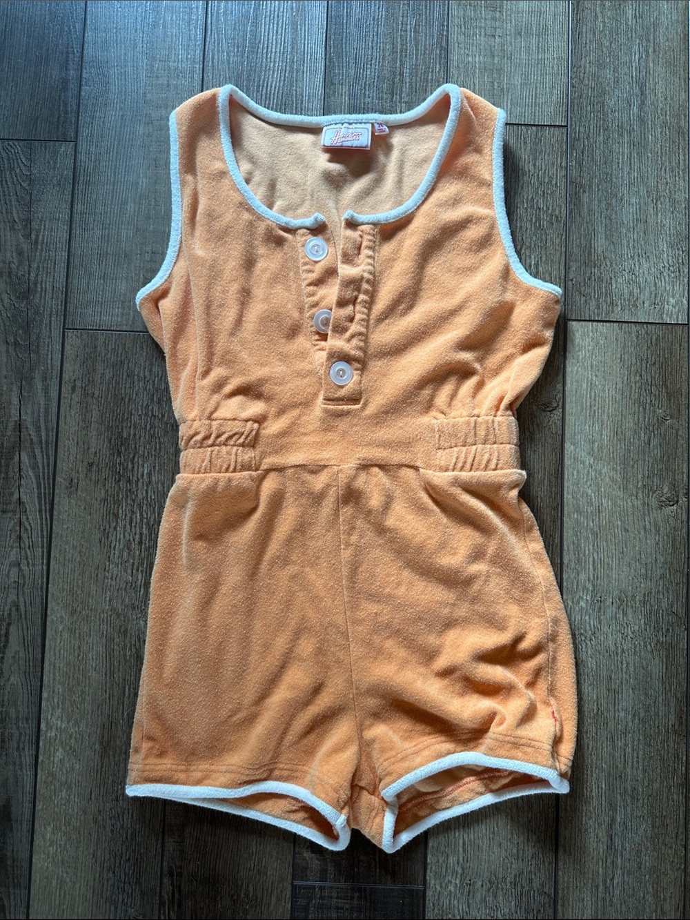 Girls' Orange Terry Sleeveless Romper with White Trim